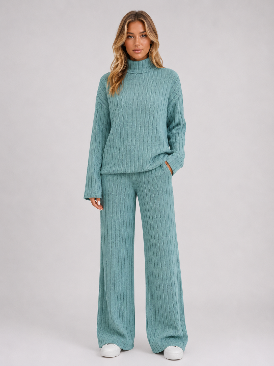 Ribbed Knitted Lounge Set – Roll Neck Jumper & Wide Leg Trousers
