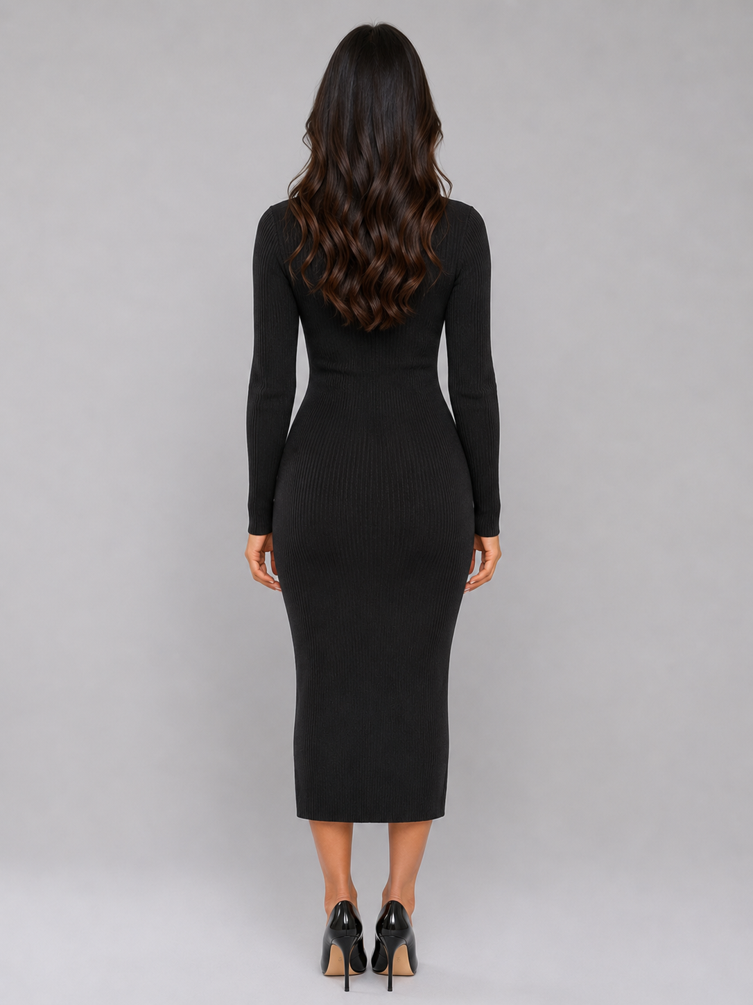 Ribbed Knitted Midi Dress – Slim Fit Button Front
