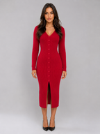 Ribbed Knitted Midi Dress – Slim Fit Button Front