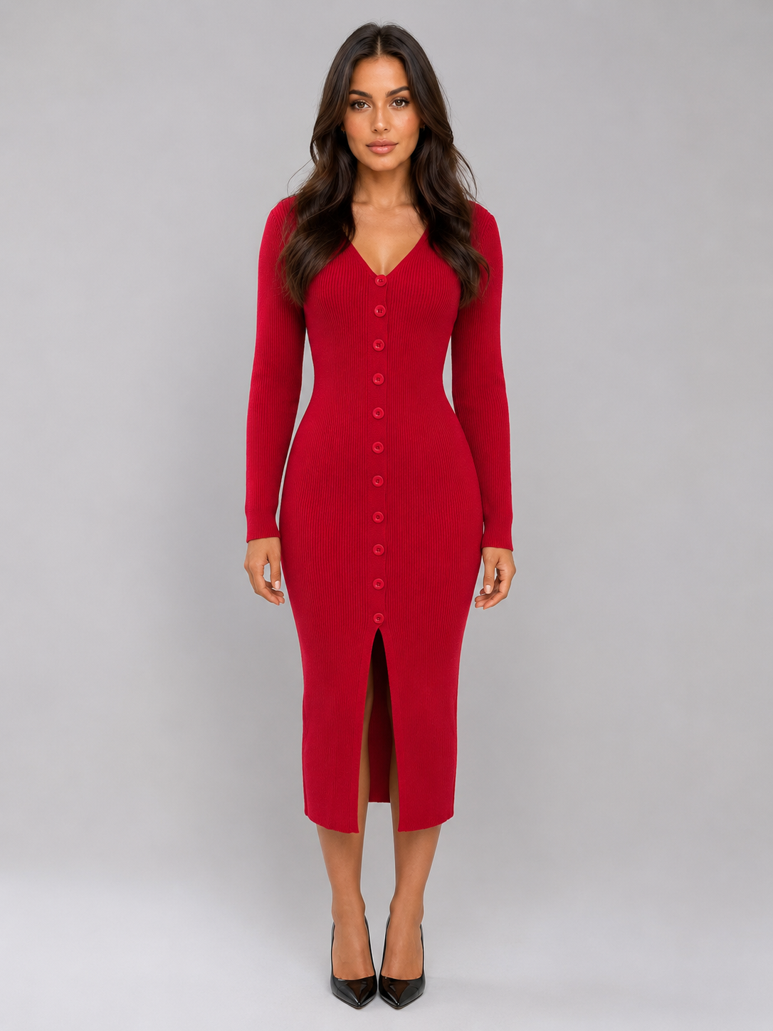 Ribbed Knitted Midi Dress – Slim Fit Button Front