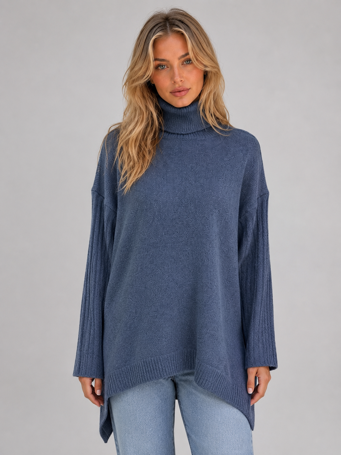 Roll Neck Oversized Jumper – Soft Knit Longline Sweater