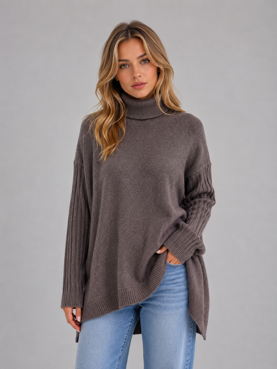 Roll Neck Oversized Jumper – Soft Knit Longline Sweater