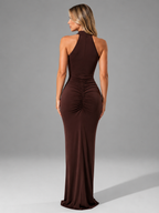 Ruched High Neck Side Split Maxi Dress