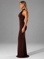 Ruched High Neck Side Split Maxi Dress