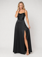 Satin Cowl Neck Split Maxi Dress