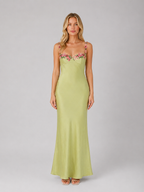 Embroidered Satin Maxi Dress
