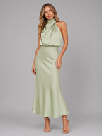 Satin High Neck Midi Dress