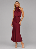 Satin High Neck Midi Dress