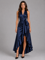 Satin Ruffle Halter Maxi Dress