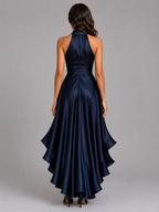 Satin Ruffle Halter Maxi Dress