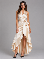 Satin Ruffle Halter Maxi Dress