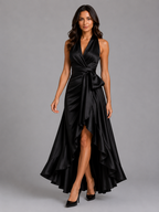 Satin Ruffle Halter Maxi Dress