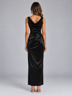 Satin Look Cowl Neck Maxi Dress – Sleeveless Ruched Evening Gown