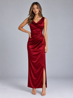 Satin Look Cowl Neck Maxi Dress – Sleeveless Ruched Evening Gown