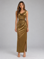 Satin Look Cowl Neck Maxi Dress – Sleeveless Ruched Evening Gown