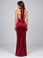 Satin Look Halter Neck Maxi Dress – Backless Tie Neck Evening Gown