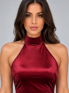 Satin Look Halter Neck Maxi Dress – Backless Tie Neck Evening Gown