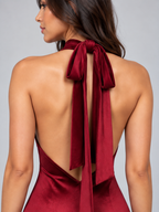 Satin Look Halter Neck Maxi Dress – Backless Tie Neck Evening Gown