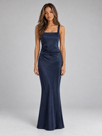 Satin Look Square Neck Maxi Dress – Ruched Corset Back Evening Gown