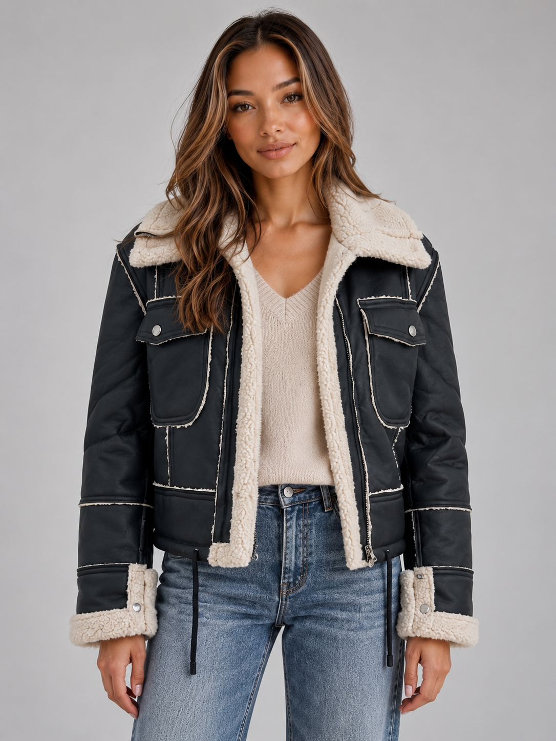 Shearling Look Aviator Jacket – Faux Fur Collar Zip-Up Coat