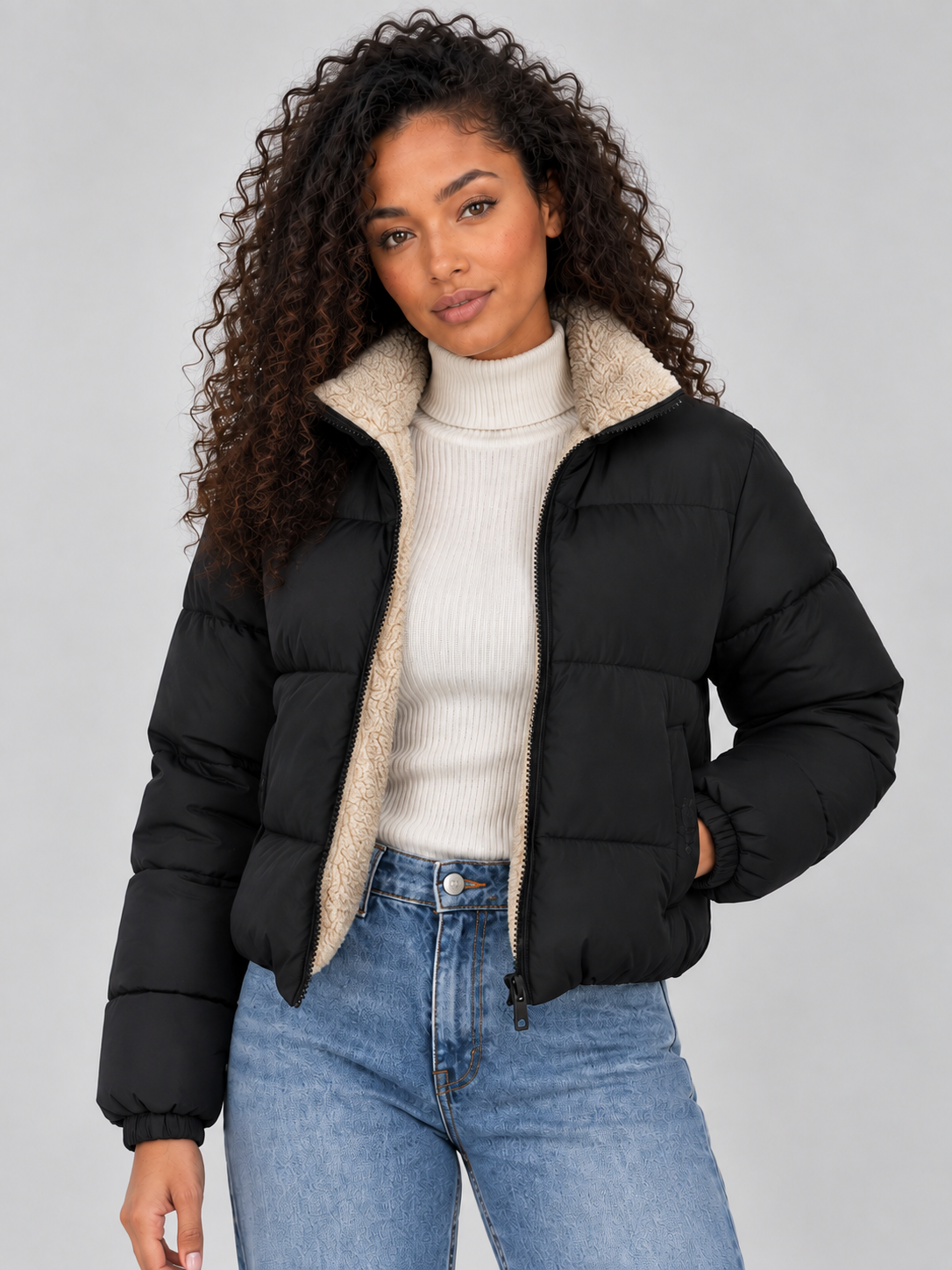 Sherpa Lined Puffer Jacket – Full Zip High Neck Winter Coat