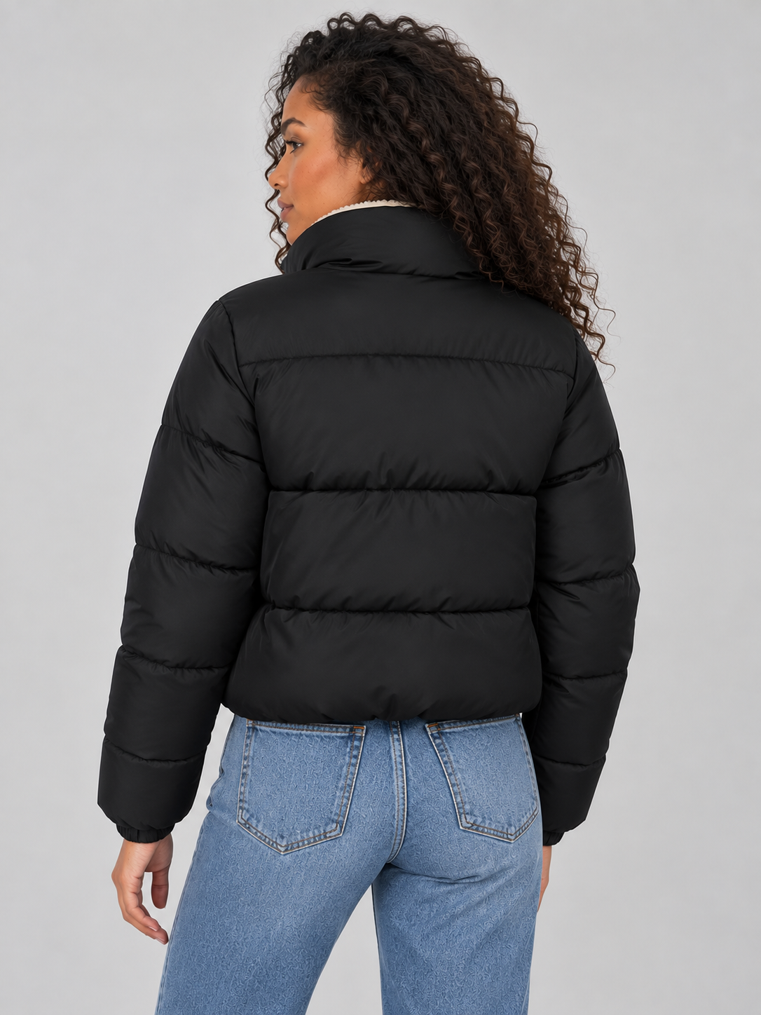Sherpa Lined Puffer Jacket – Full Zip High Neck Winter Coat