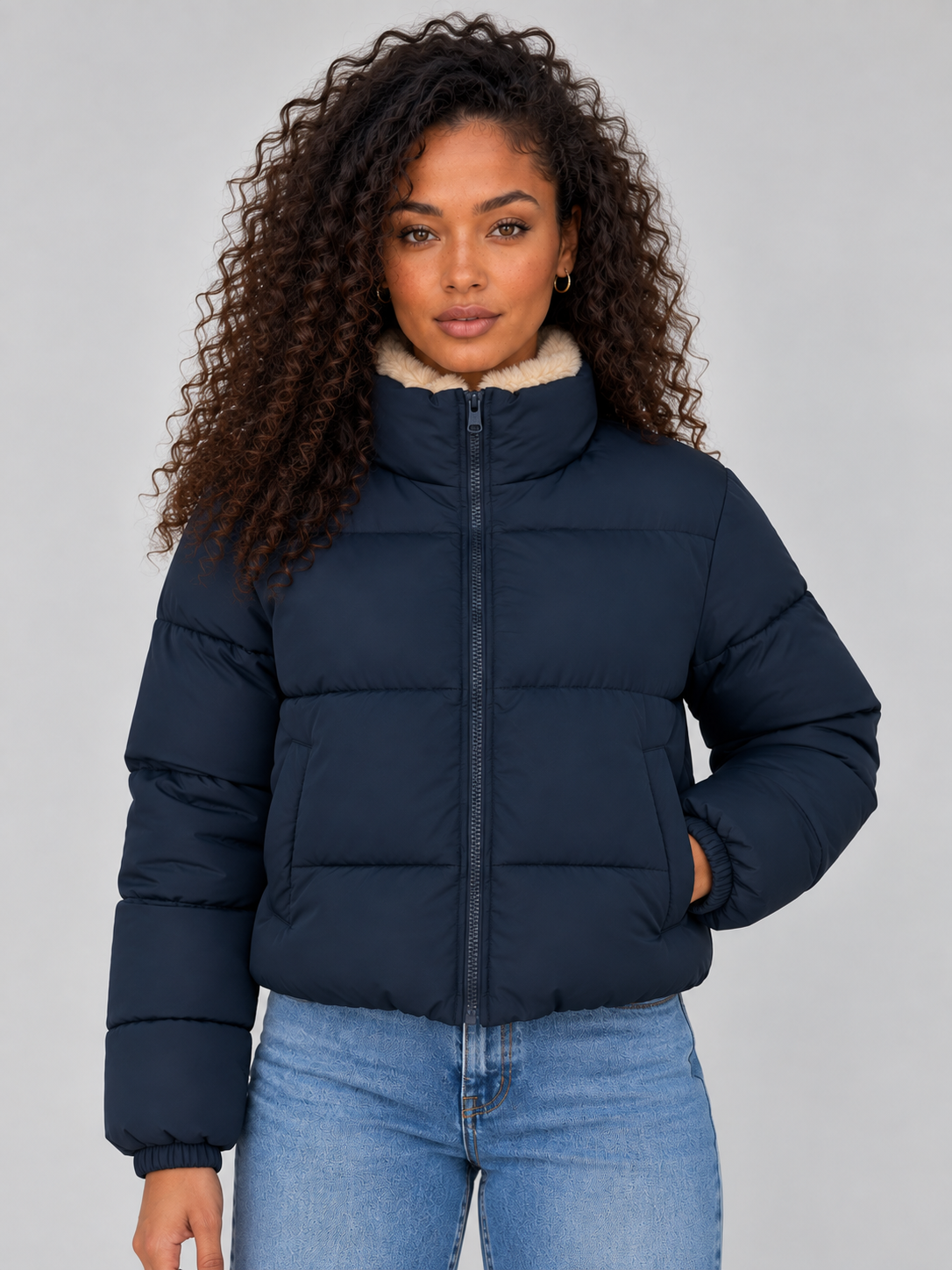Sherpa Lined Puffer Jacket – Full Zip High Neck Winter Coat