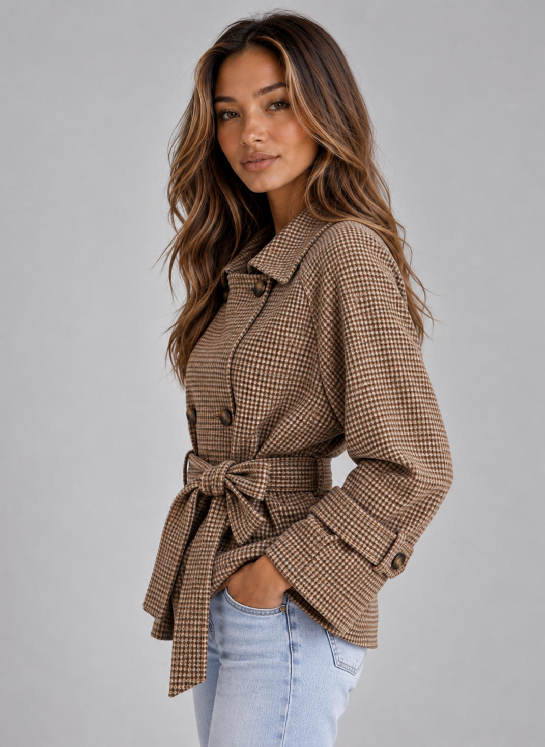 Short Trench Coat – Double Breasted Belted Jacket with Check Pattern