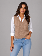 Sleeveless Cable Knit Sweater Vest – V-Neck Knitted Waistcoat