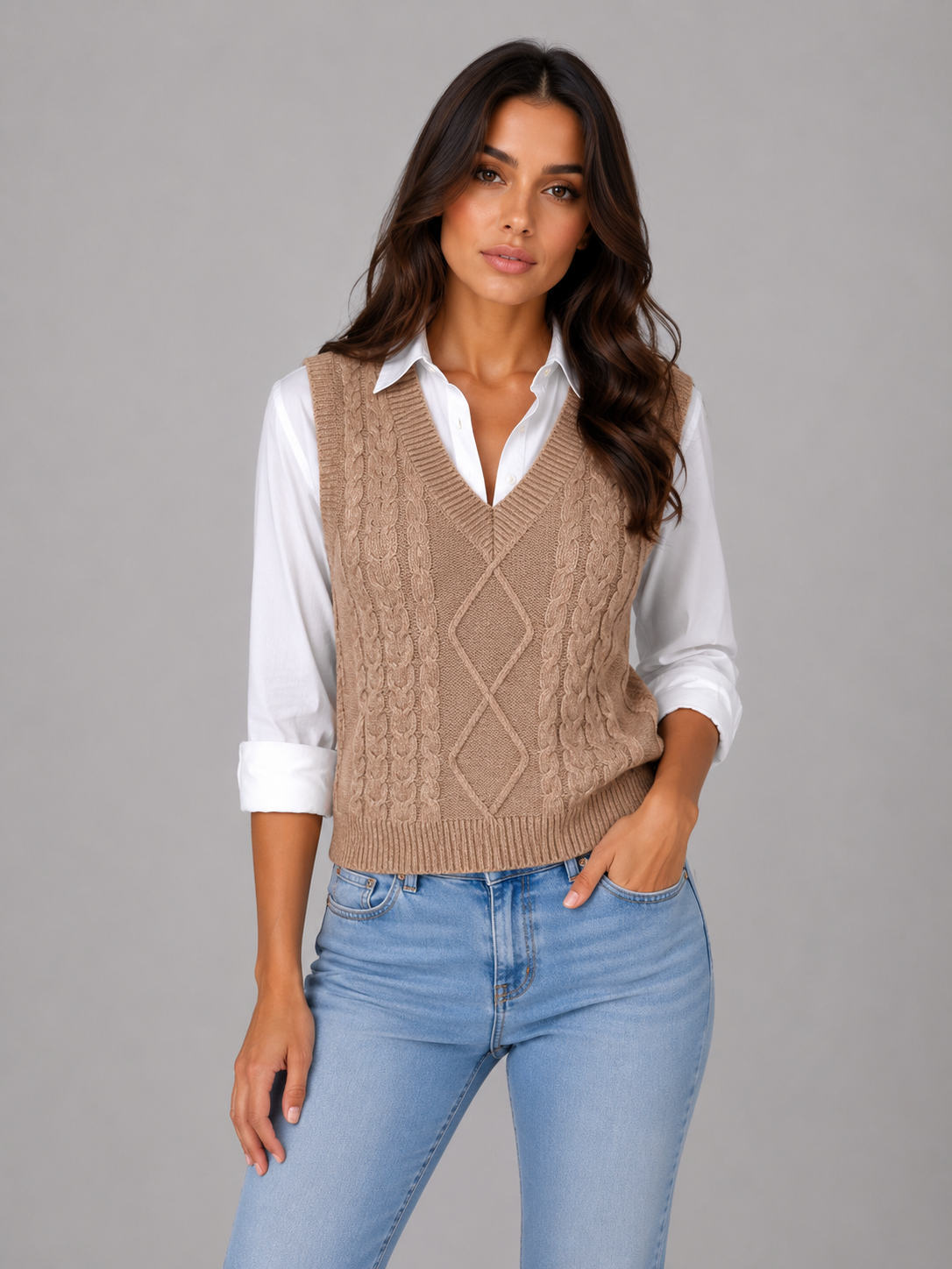 Sleeveless Cable Knit Sweater Vest – V-Neck Knitted Waistcoat