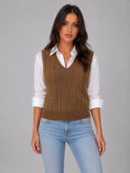 Sleeveless Cable Knit Sweater Vest – V-Neck Knitted Waistcoat
