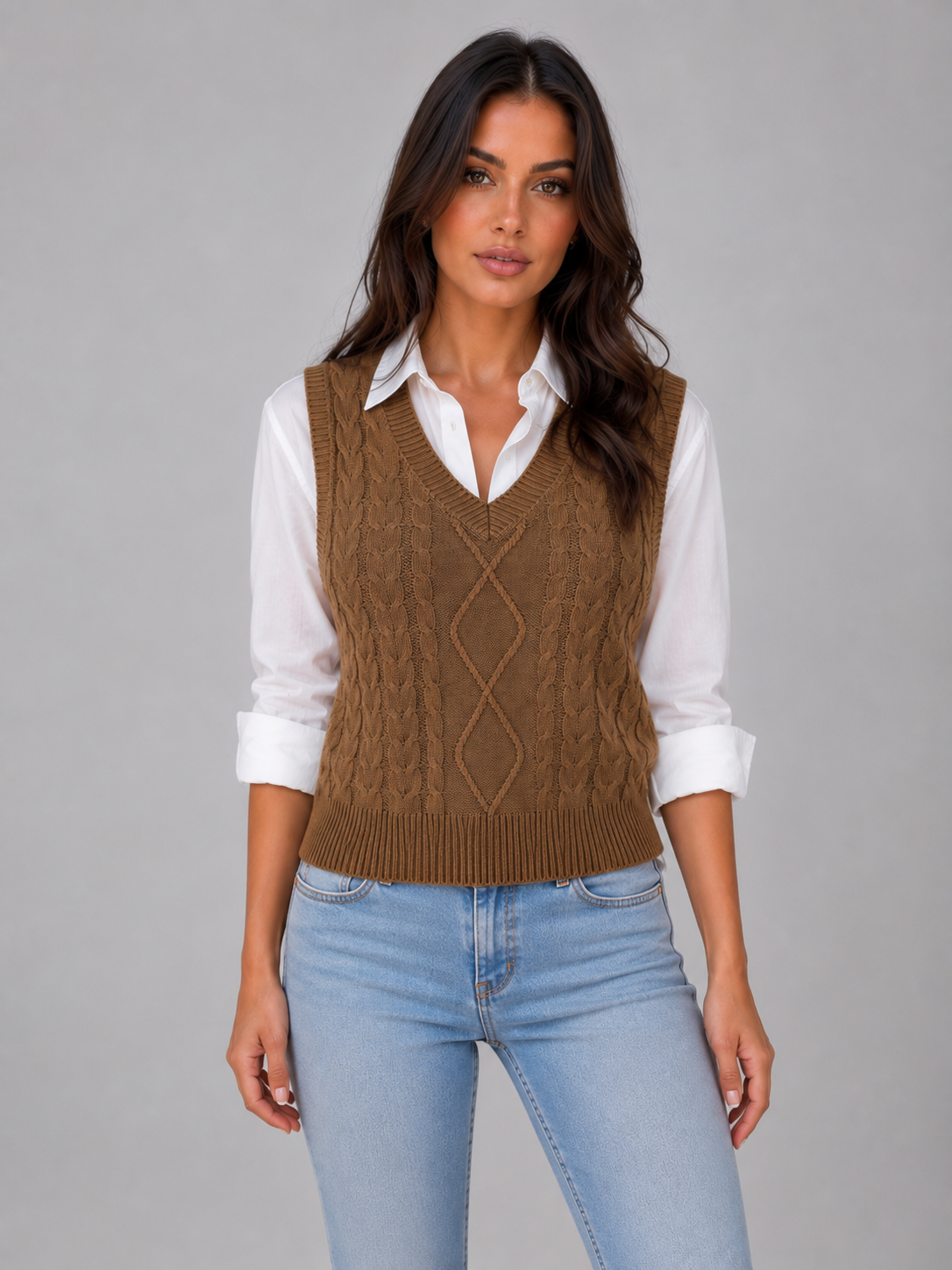 Sleeveless Cable Knit Sweater Vest – V-Neck Knitted Waistcoat