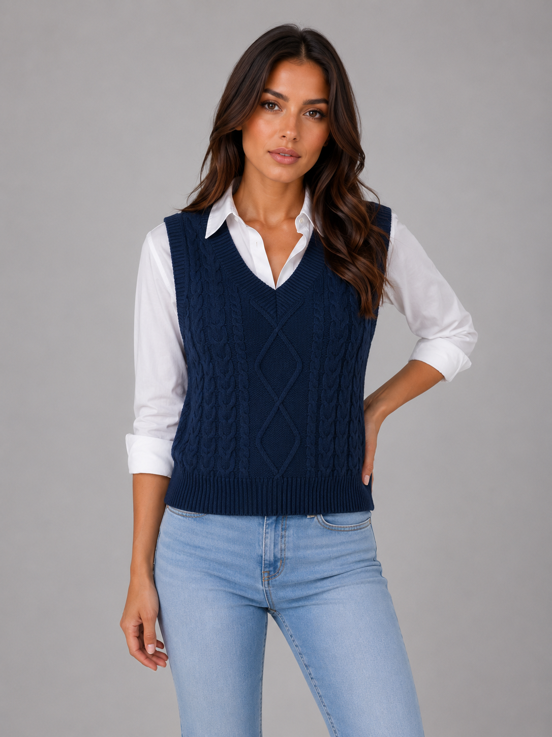 Sleeveless Cable Knit Sweater Vest – V-Neck Knitted Waistcoat