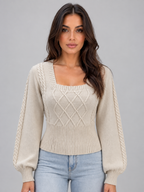 Square Neck Cable Knit Jumper – Balloon Sleeve Fitted Sweater