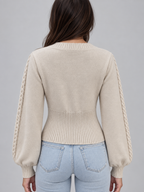 Square Neck Cable Knit Jumper – Balloon Sleeve Fitted Sweater