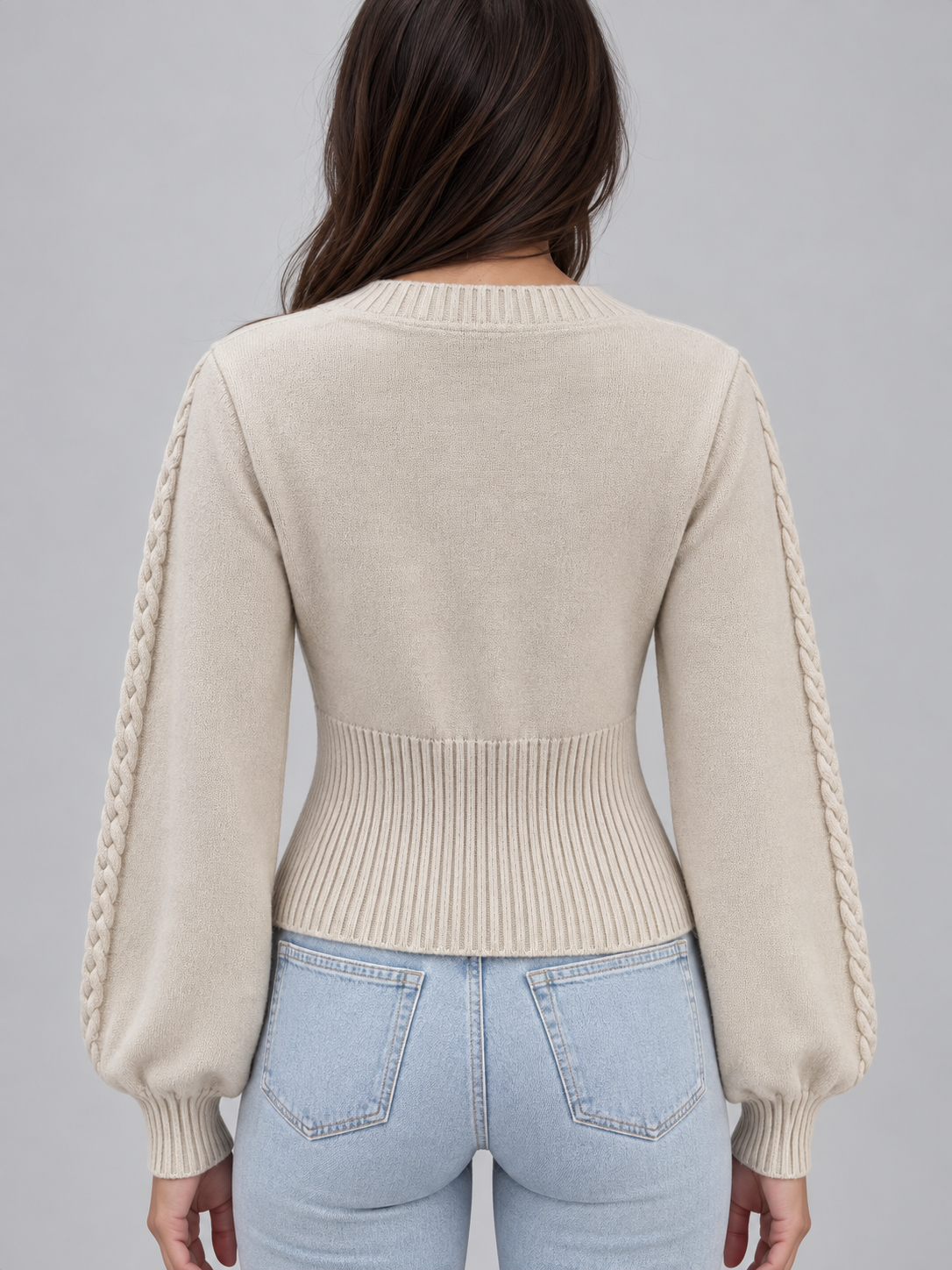 Square Neck Cable Knit Jumper – Balloon Sleeve Fitted Sweater