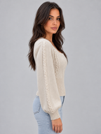 Square Neck Cable Knit Jumper – Balloon Sleeve Fitted Sweater