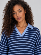 Striped Knit Two-Piece Set – Collared Jumper & Wide Leg Trousers