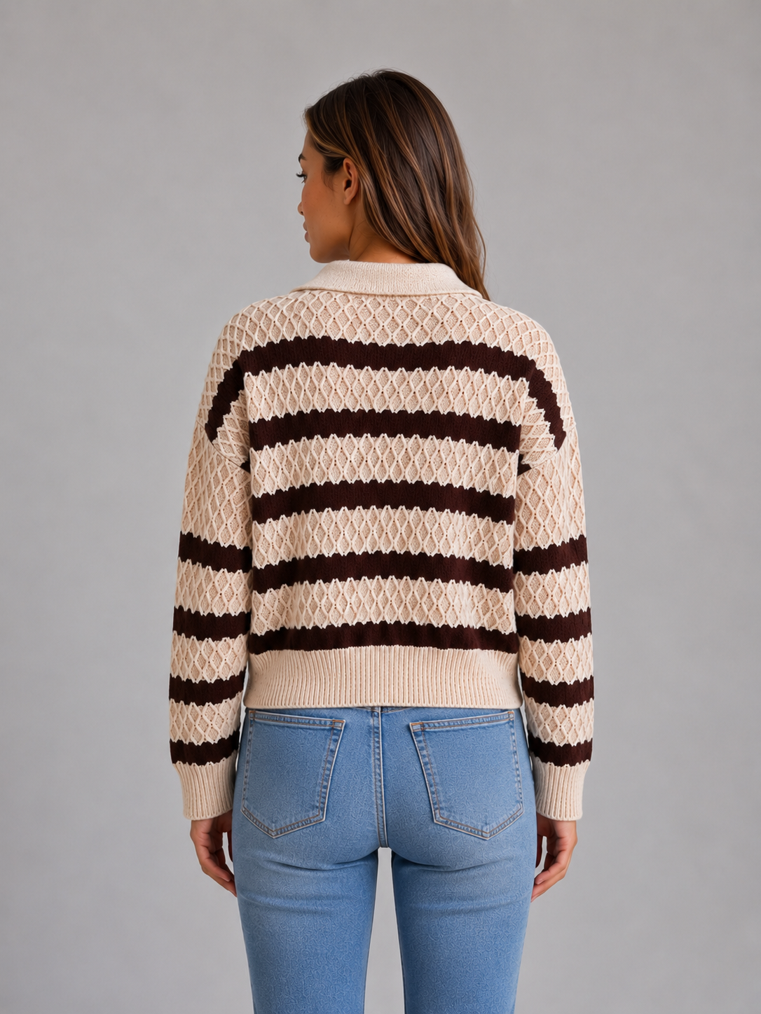 Striped Polo Jumper – Textured Knit Sweater