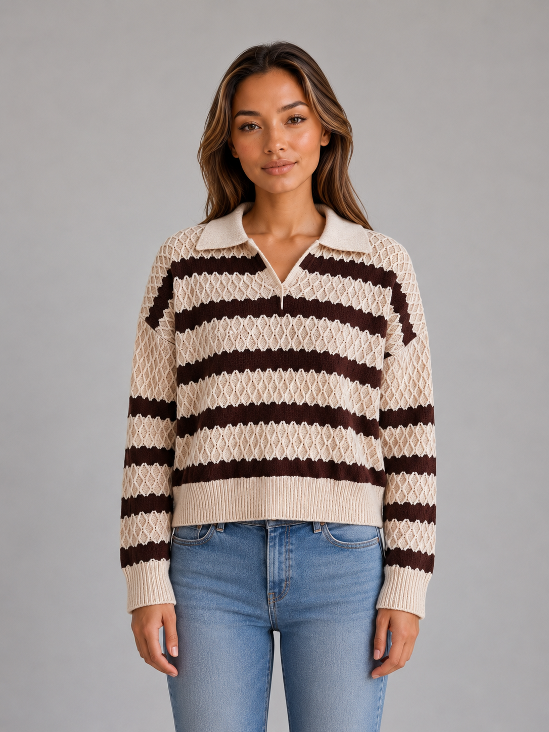 Striped Polo Jumper – Textured Knit Sweater