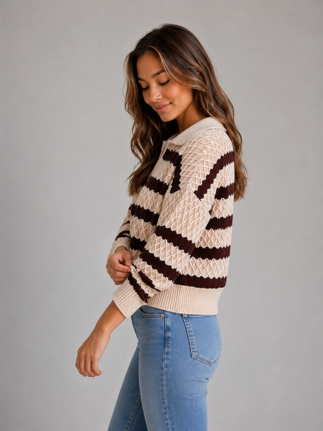 Striped Polo Jumper – Textured Knit Sweater