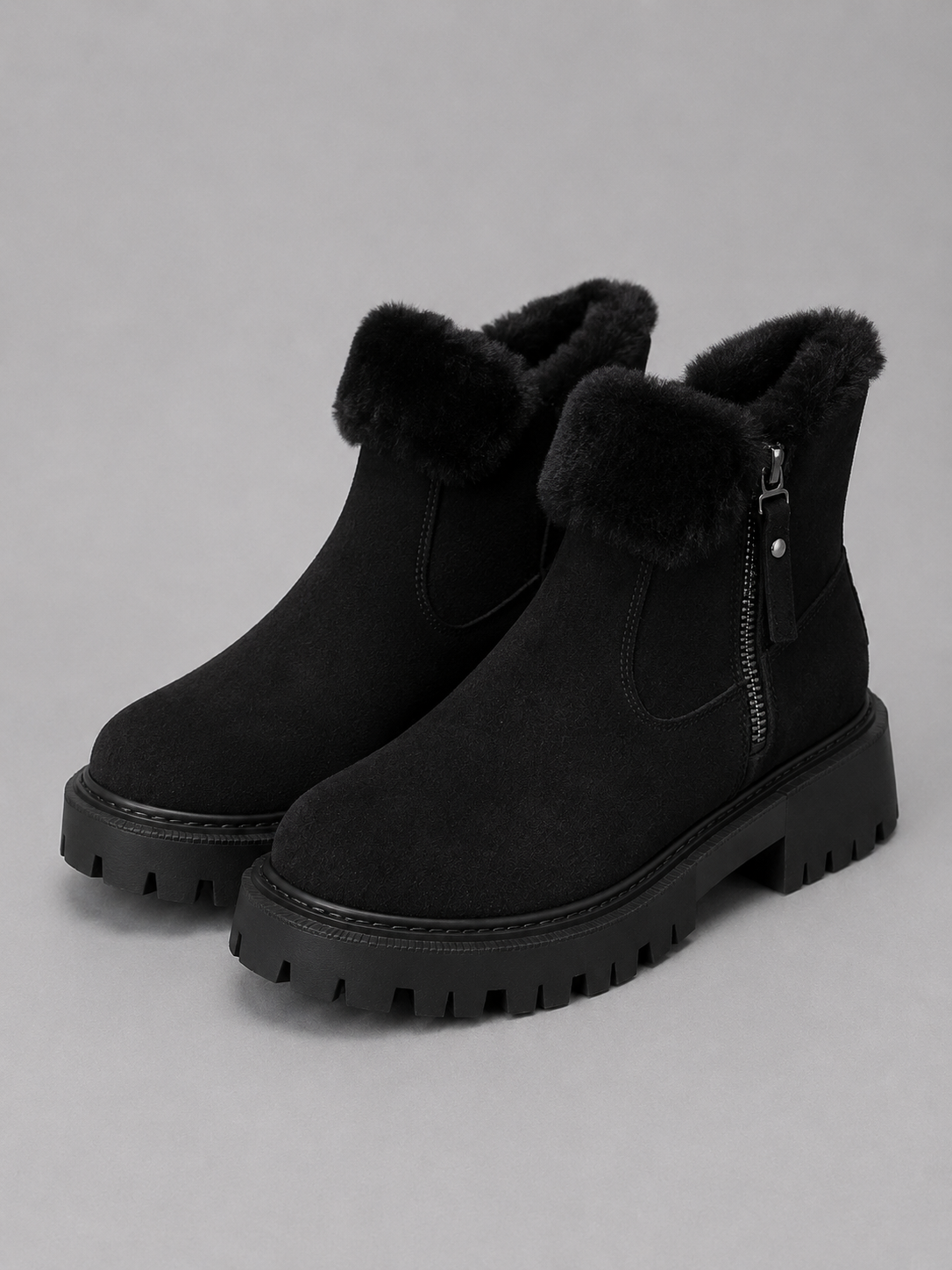 Suede Ankle Boots – Faux Fur Lined Chunky Winter Shoes