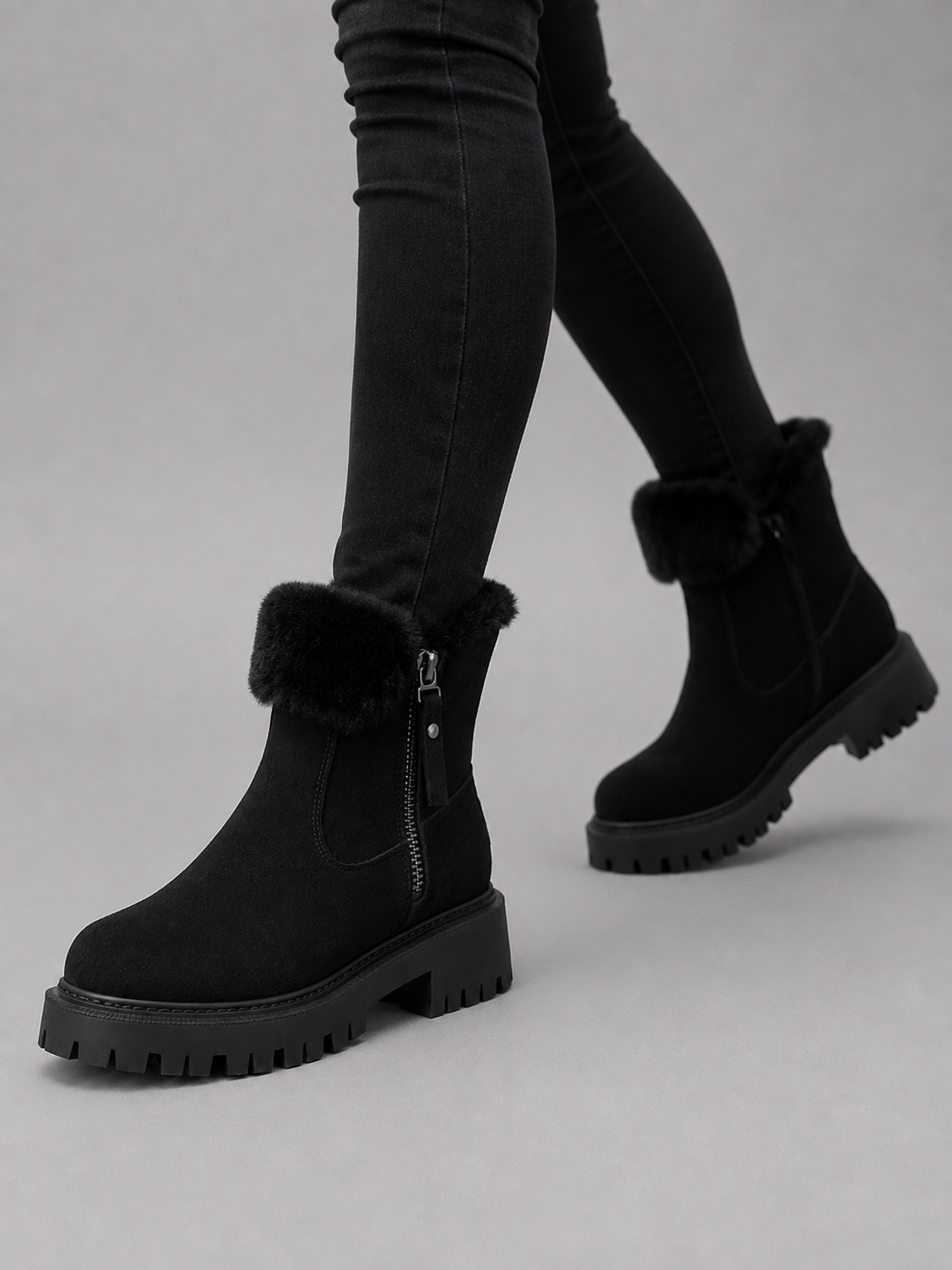 Suede Ankle Boots – Faux Fur Lined Chunky Winter Shoes