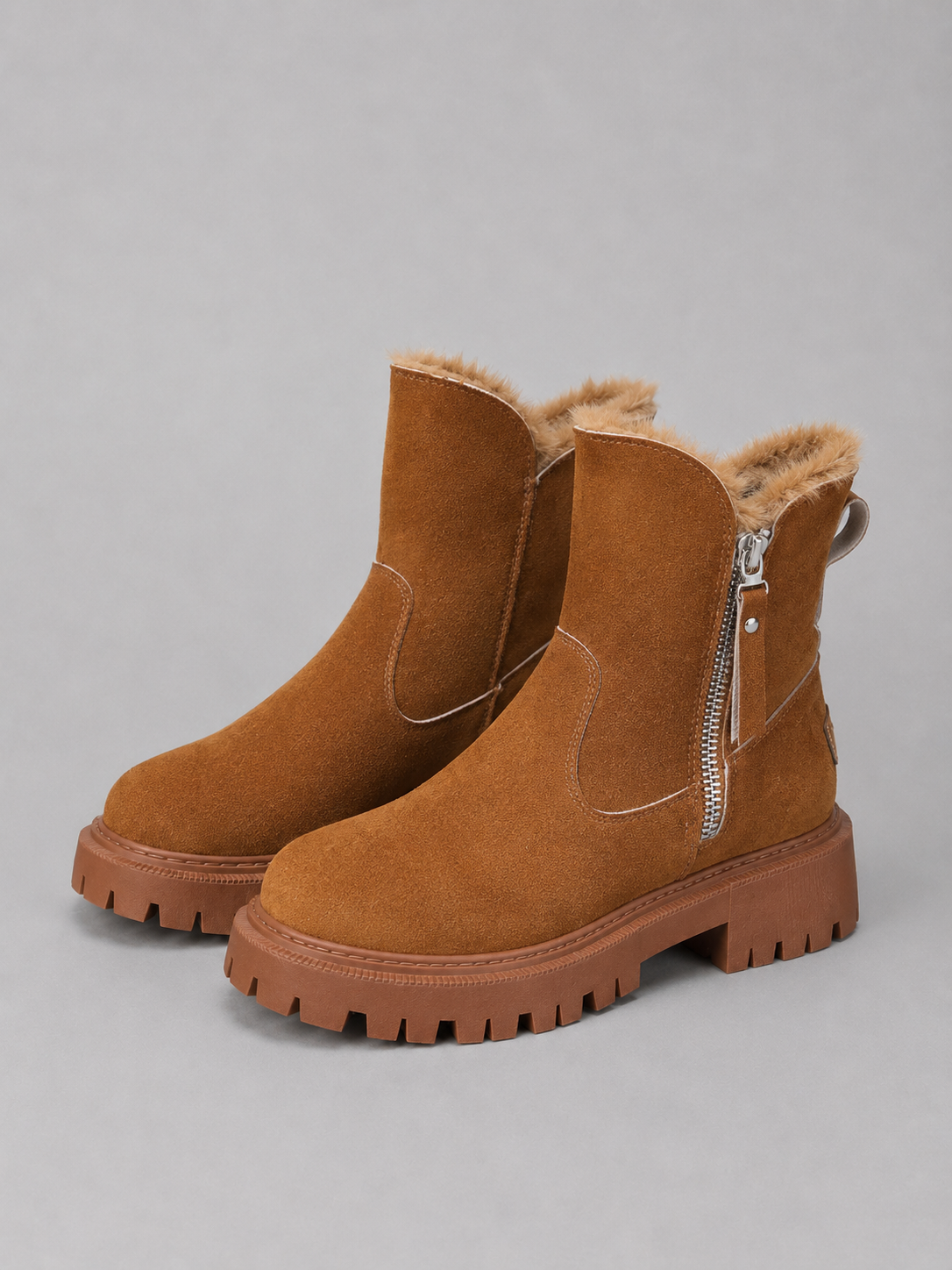 Suede Ankle Boots – Faux Fur Lined Chunky Winter Shoes