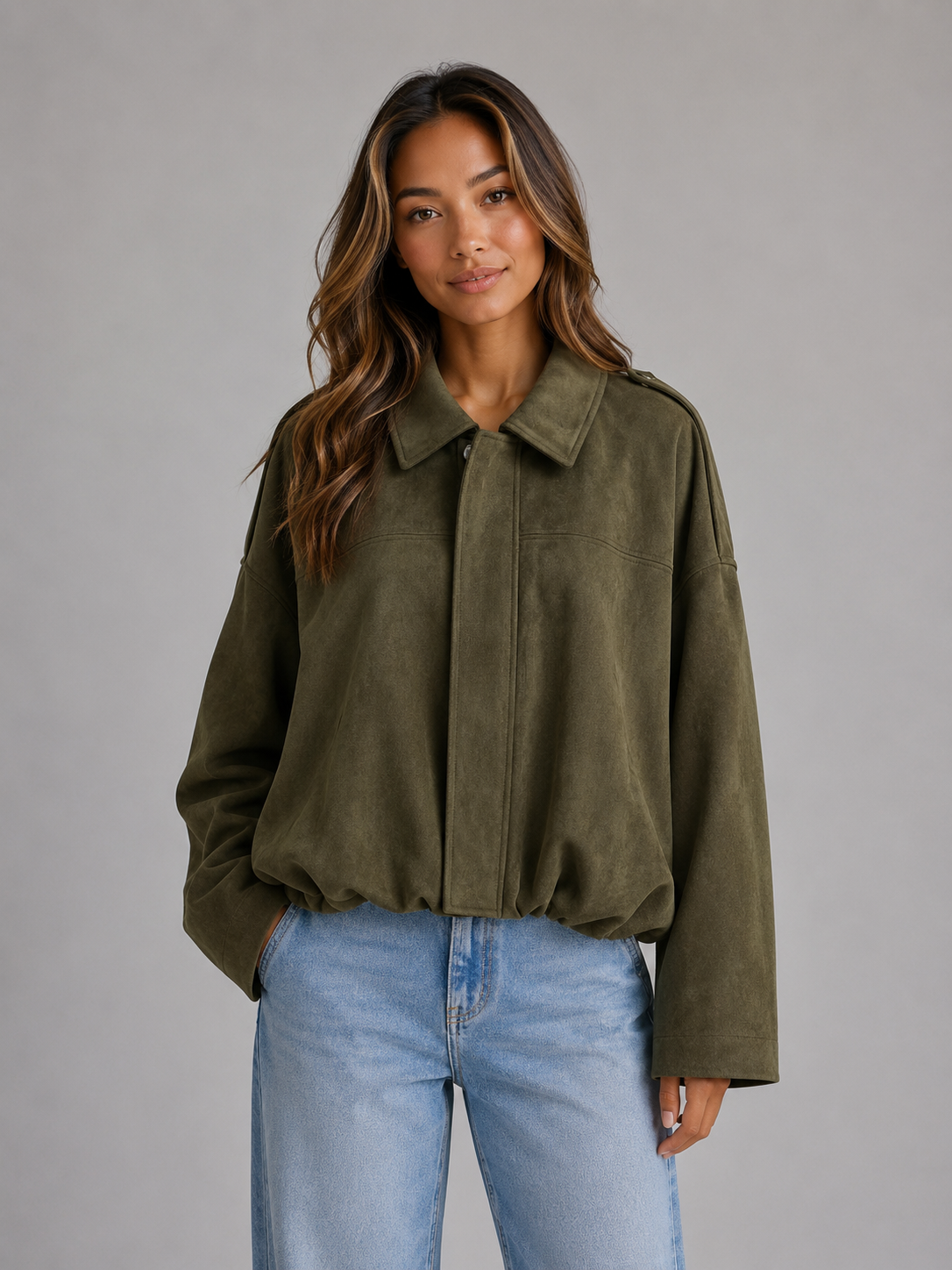 Suede Look Bomber Jacket – Oversized Collared Style
