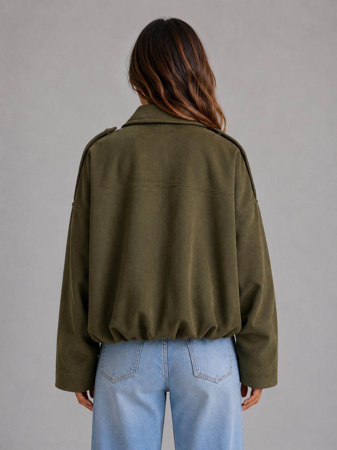 Suede Look Bomber Jacket – Oversized Collared Style