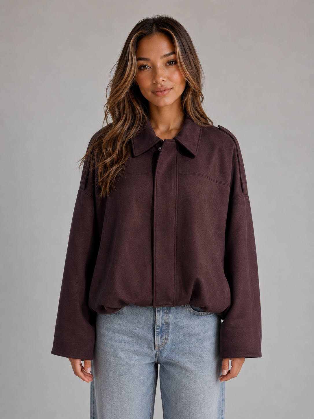 Suede Look Bomber Jacket – Oversized Collared Style