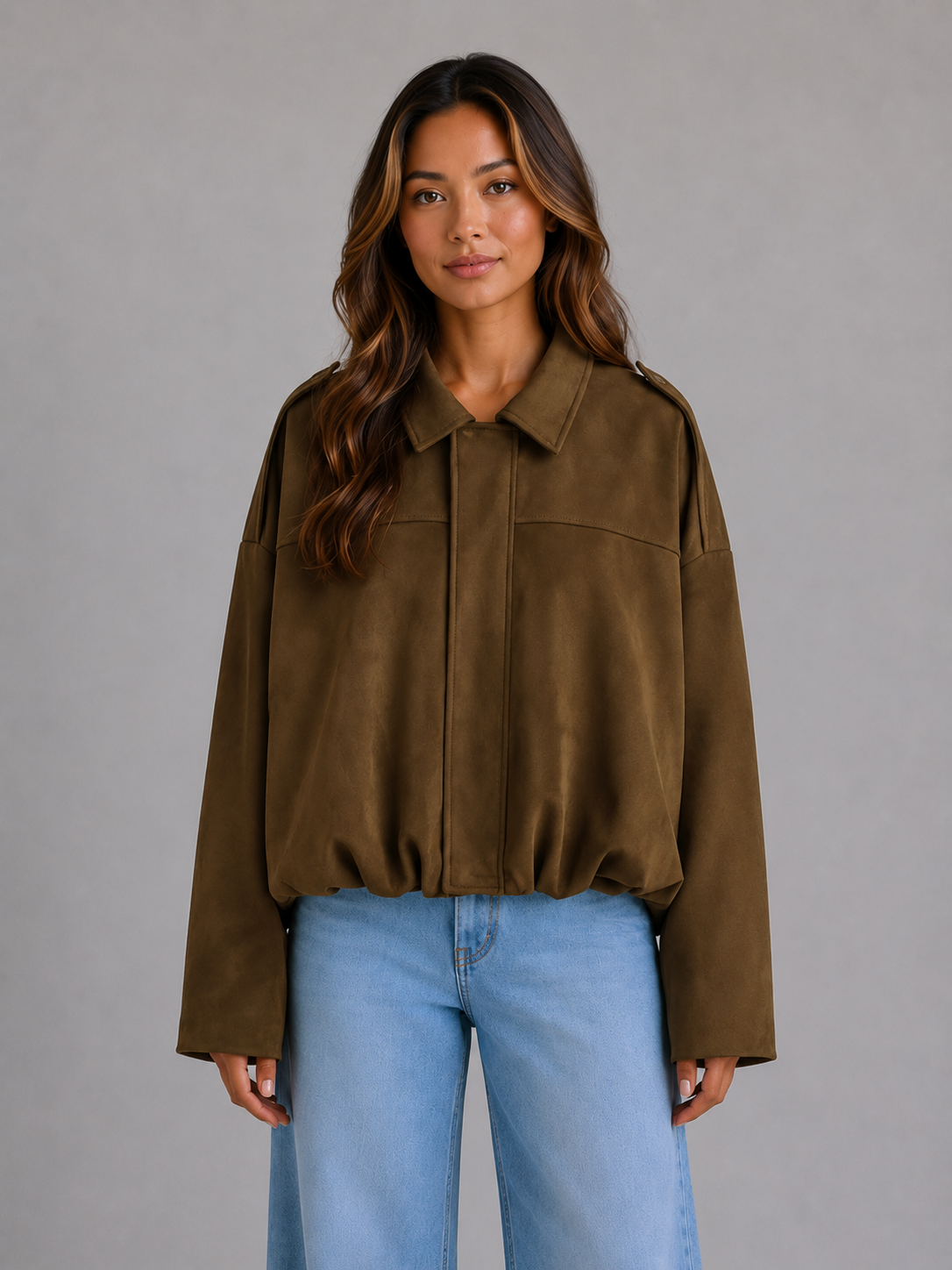 Suede Look Bomber Jacket – Oversized Collared Style