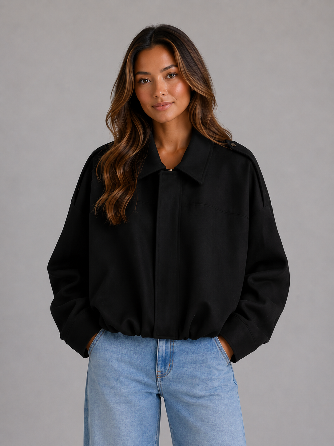 Suede Look Bomber Jacket – Oversized Collared Style