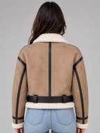Suede Look Cropped Aviator Jacket – Teddy Lined Biker Coat